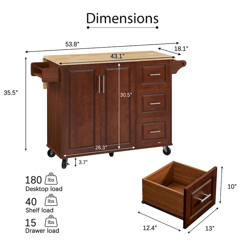 53.8 in. W Rolling Kitchen Island with Internal Storage Rack and Three Drawers