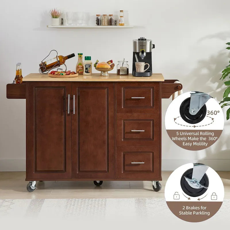 53.8 in. W Rolling Kitchen Island with Internal Storage Rack and Three Drawers