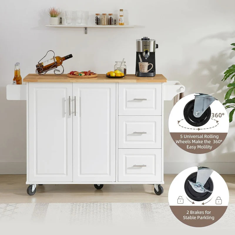 53.8 in. W Rolling Kitchen Island with Internal Storage Rack and Three Drawers