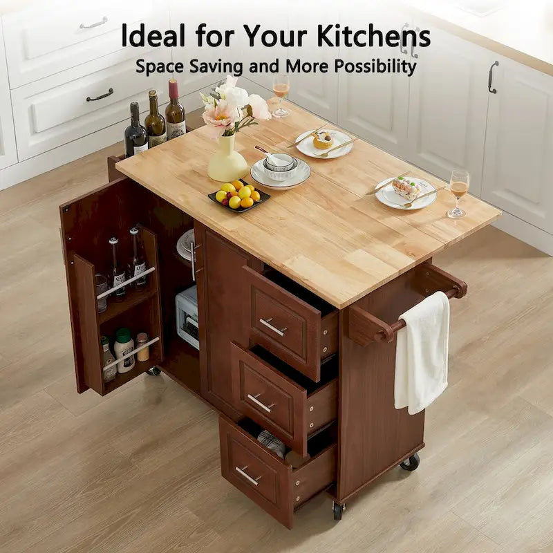 Rolling Kitchen Island Cart, Kitchen Island with Drop Leaf Counter top and Barn Door