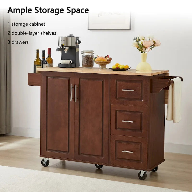 Rolling Kitchen Island Cart, Kitchen Island with Drop Leaf Counter top and Barn Door