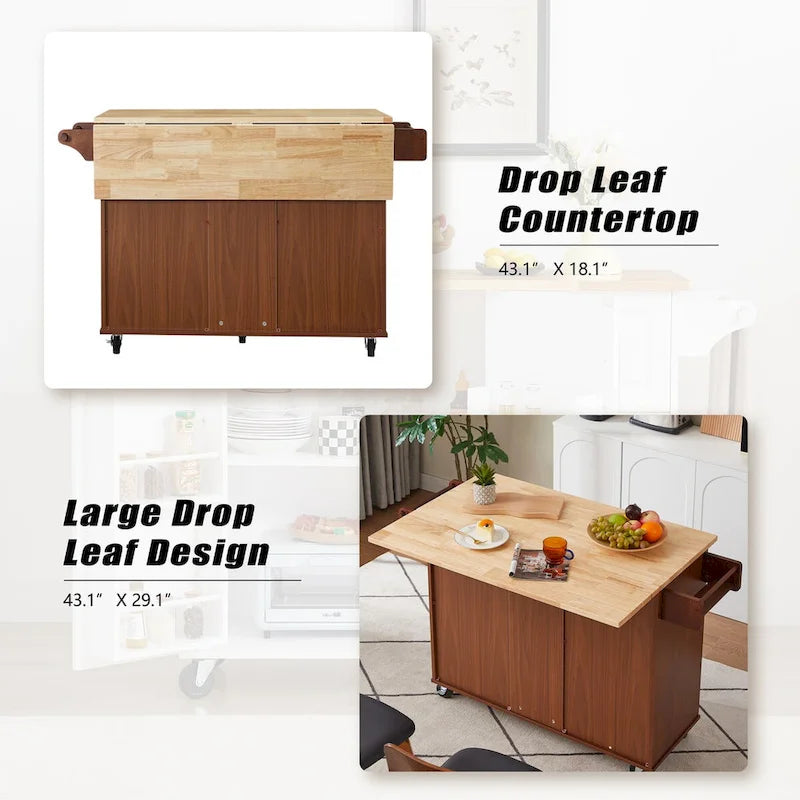 Rolling Kitchen Island Cart, Kitchen Island with Drop Leaf Counter top and Barn Door