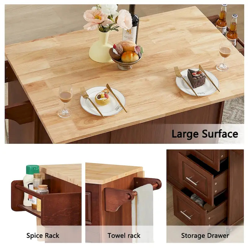 Rolling Kitchen Island Cart, Kitchen Island with Drop Leaf Counter top and Barn Door