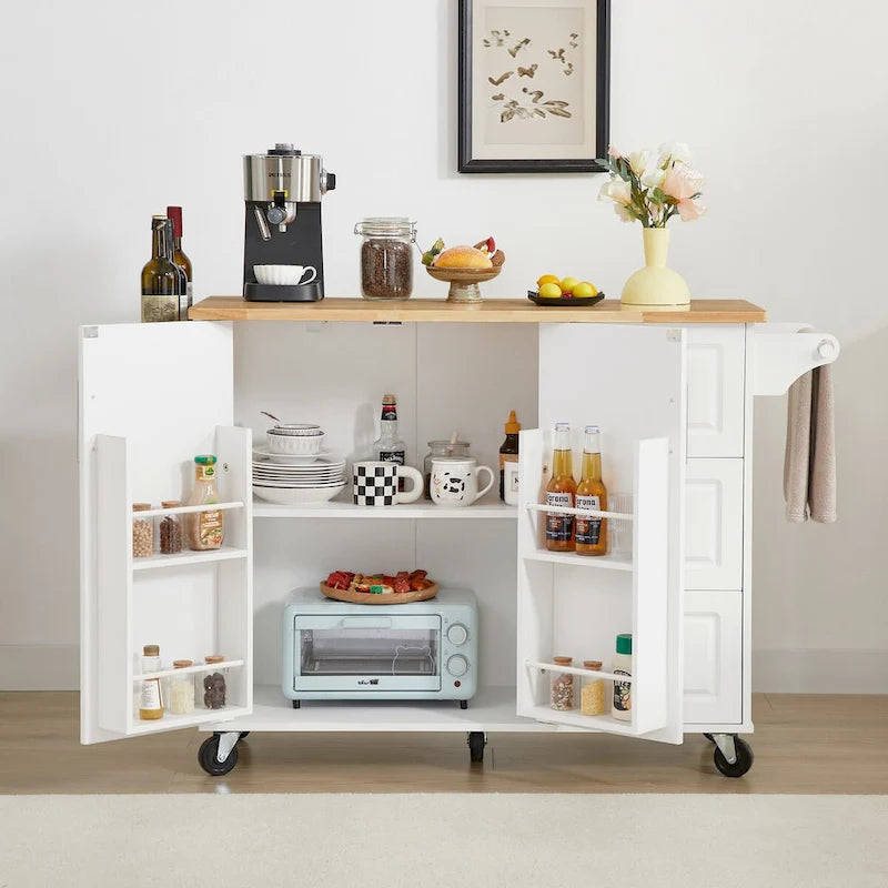 Rolling Kitchen Island Cart, Kitchen Island with Drop Leaf Counter top and Barn Door