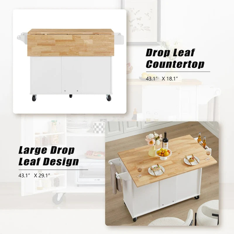 Rolling Kitchen Island Cart, Kitchen Island with Drop Leaf Counter top and Barn Door