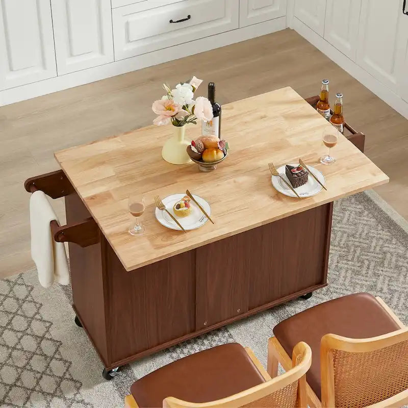 Kitchen Island with Drop Leaf Countertop,Rolling Kitchen Island Cart,Barn Door Kitchen Island Table with Storage Cabinet