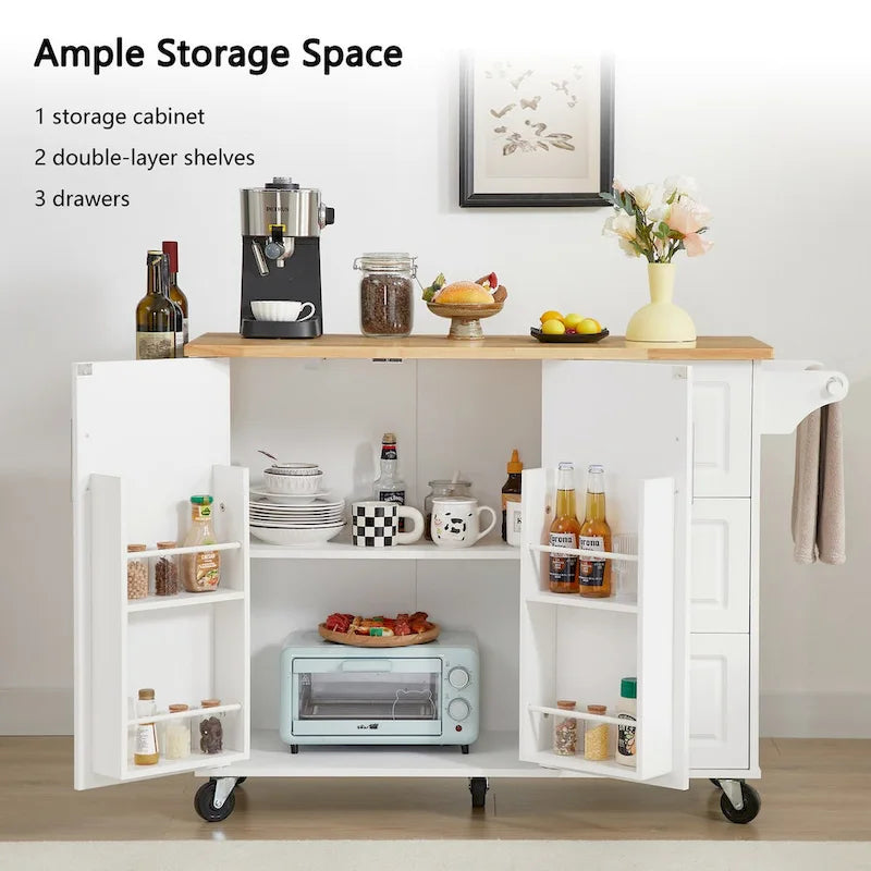Rolling Kitchen Island with Drop Leaf Countertop,Barn Door Kitchen Island Table with Storage Cabinet and Tower Rack