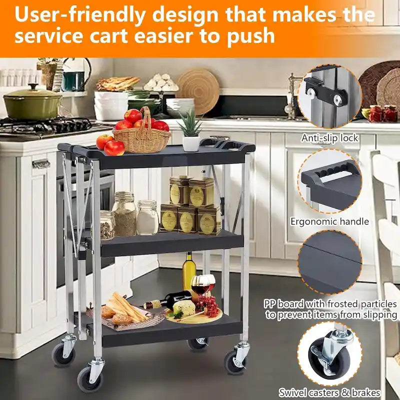 Foldable Utility Black 3-Tier Service Cart with Wheels Lockable - N/A