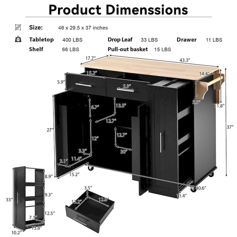 Kitchen Island with Drop Leaf,Kitchen Storage Cart with 3 Tier Pull Out Cabinet Organizer,Kitchen Cart on Wheels with Towel Rack