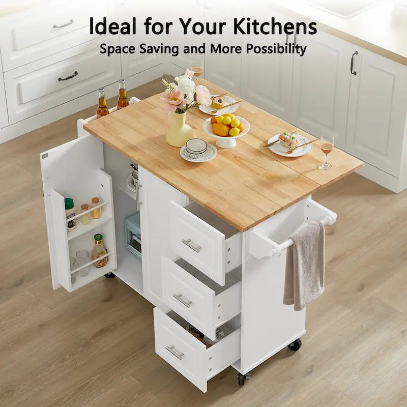 Kitchen Island with Drop Leaf Countertop, Barn Door Kitchen Island Table, Storage Cabinet and Tower Rack, Island Table On Wheels