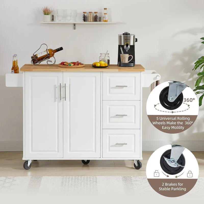 Kitchen Island with Drop Leaf Countertop, Barn Door Kitchen Island Table, Storage Cabinet and Tower Rack, Island Table On Wheels