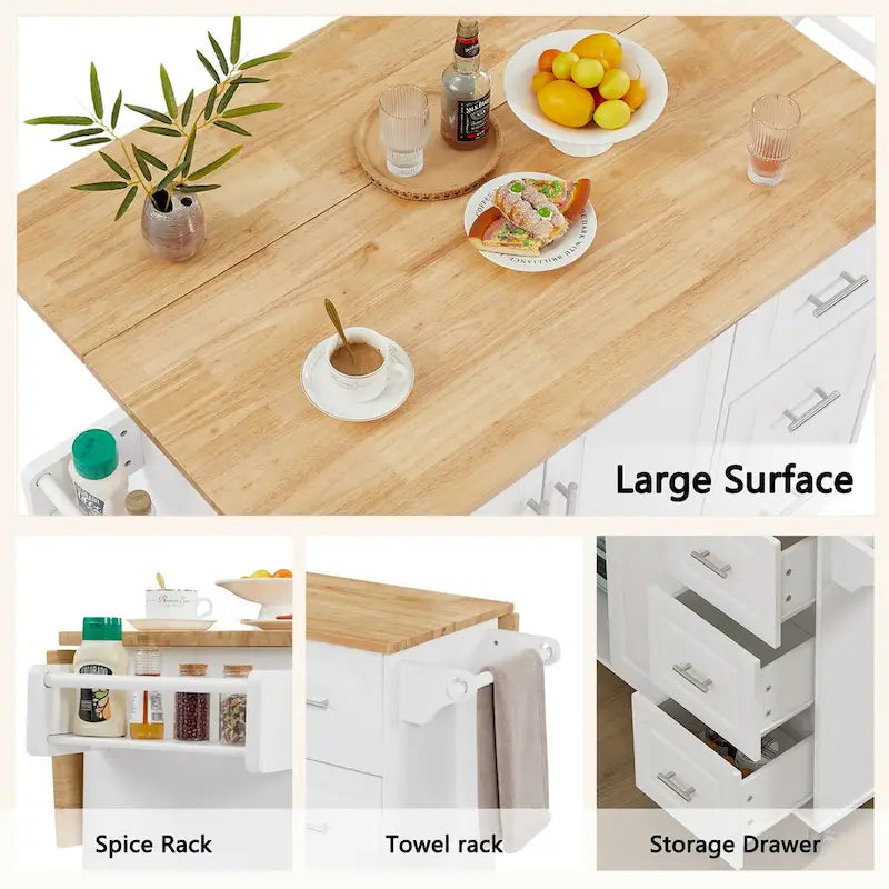 Kitchen Island with Drop Leaf Countertop, Barn Door Kitchen Island Table, Storage Cabinet and Tower Rack, Island Table On Wheels