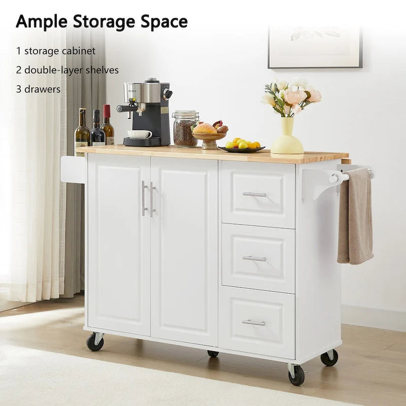 Kitchen Island with Drop Leaf Countertop, Barn Door Kitchen Island Table, Storage Cabinet and Tower Rack, Island Table On Wheels
