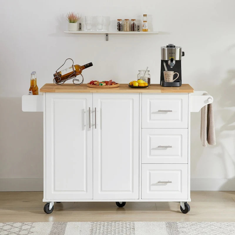 Kitchen Island with Drop Leaf Countertop, Barn Door Kitchen Island Table, Storage Cabinet and Tower Rack, Island Table On Wheels