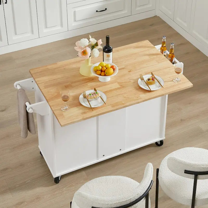 Kitchen Island with Drop Leaf Countertop, Barn Door Kitchen Island Table, Storage Cabinet and Tower Rack, Island Table On Wheels