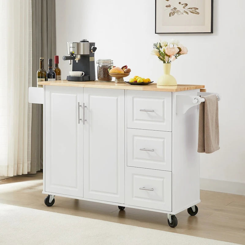 Kitchen Island with Drop Leaf Countertop, Barn Door Kitchen Island Table, Storage Cabinet and Tower Rack, Island Table On Wheels