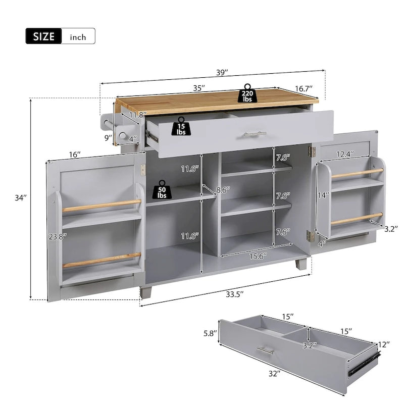 Rolling Kitchen Island with Divider and Internal Storage Rack