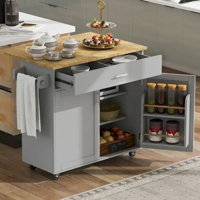 Rolling Kitchen Island with Divider and Internal Storage Rack