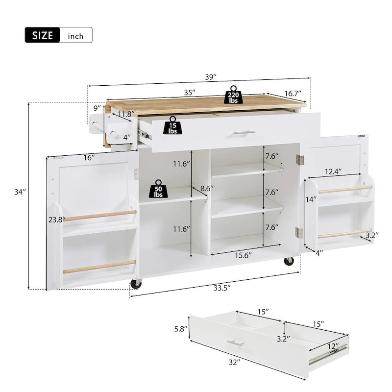 Rolling Kitchen Island with Divider and Internal Storage Rack