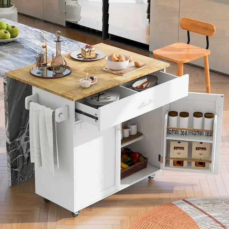 Rolling Kitchen Island with Divider and Internal Storage Rack