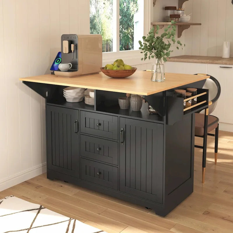 55.7 Kitchen Island with Drop Leaves, Rolling Cart with Power Outlet, Spice Rack, and 3 Drawers