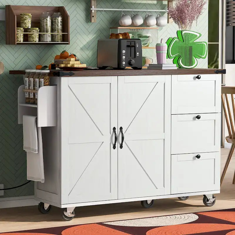 Farmhouse Kitchen Island with Power Outlet and Rolling Cart
