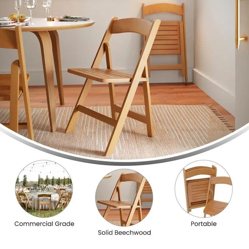 Commercial Grade Solid Wood Portable Folding Dining Chair - 17.5W x 18D x 31.25H