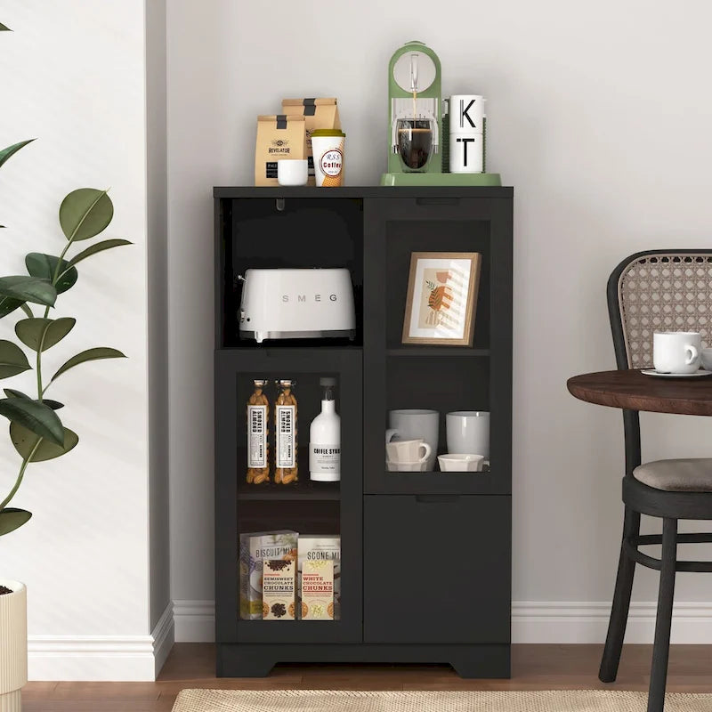 Wooden Floor Cabinet with 2 Glass Doors and 2 Storage Space