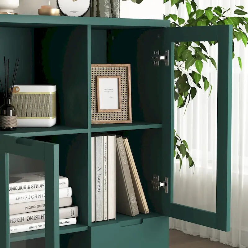 Wooden Floor Cabinet with 2 Glass Doors and 2 Storage Space