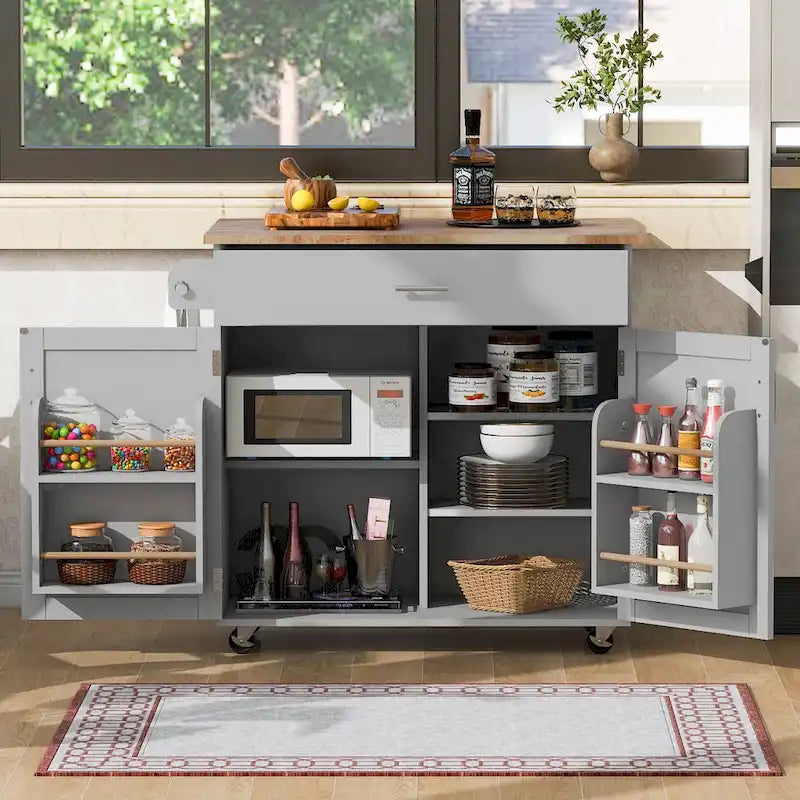39W Kitchen Island with Storage and Rubber Wood Top - N/A