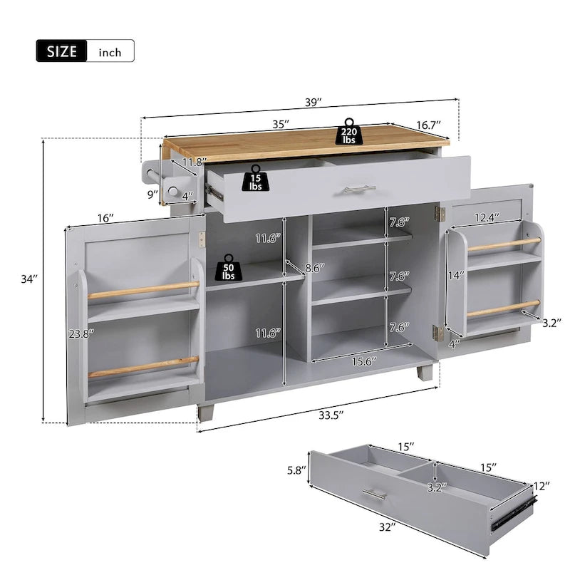 39W Kitchen Island with Storage and Rubber Wood Top - N/A