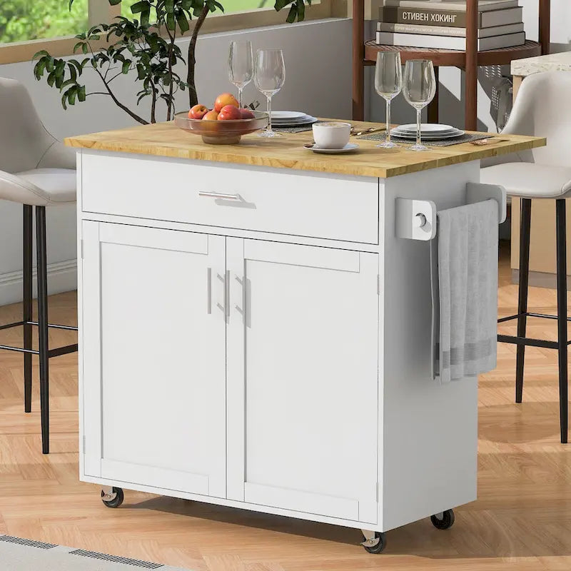 39W Kitchen Island with Storage and Rubber Wood Top - N/A