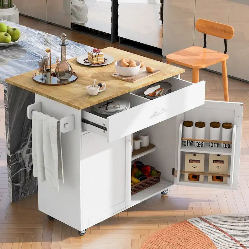 39W Kitchen Island with Storage and Rubber Wood Top - N/A
