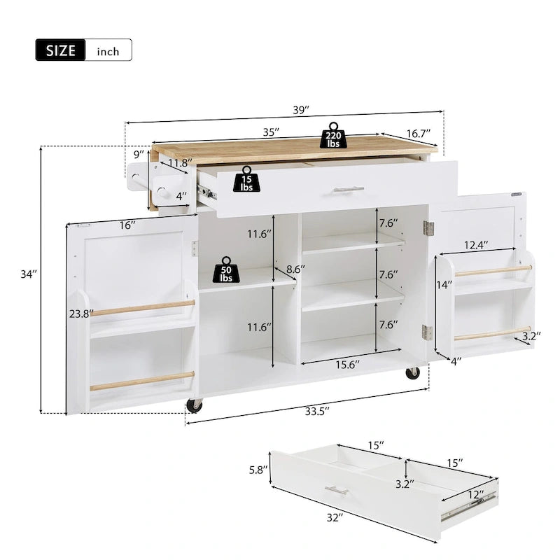39W Kitchen Island with Storage and Rubber Wood Top - N/A