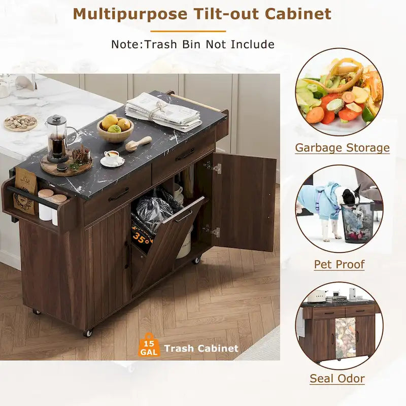 43.8W Kitchen Island with Trash Can Storage Cabinet - N/A