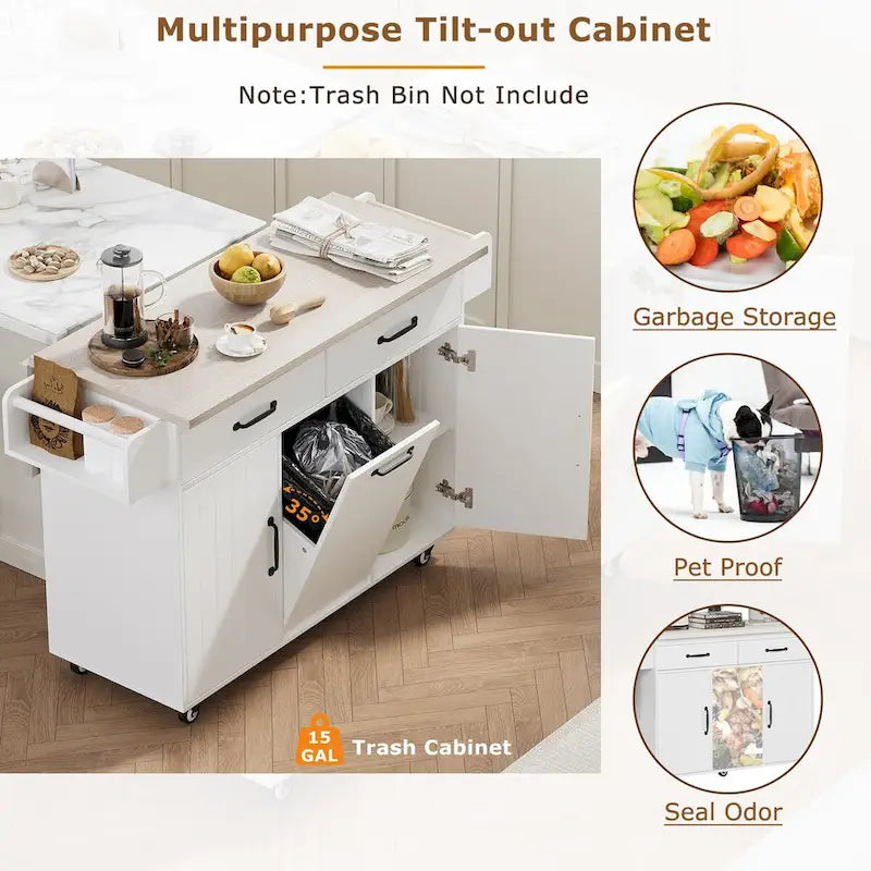 43.8W Kitchen Island with Trash Can Storage Cabinet - N/A