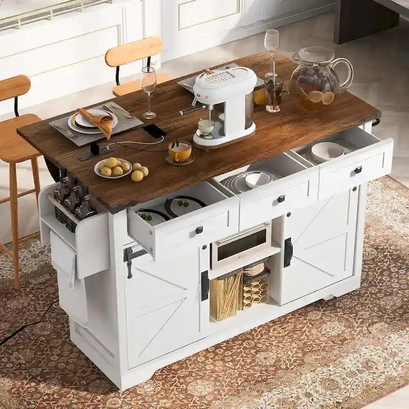 53.7 Kitchen Island, Power Outlet, 2 Sliding Barn Door Kitchen Storage Island Drop Leaf, Rack Rolling Kitchen Cart on Wheels