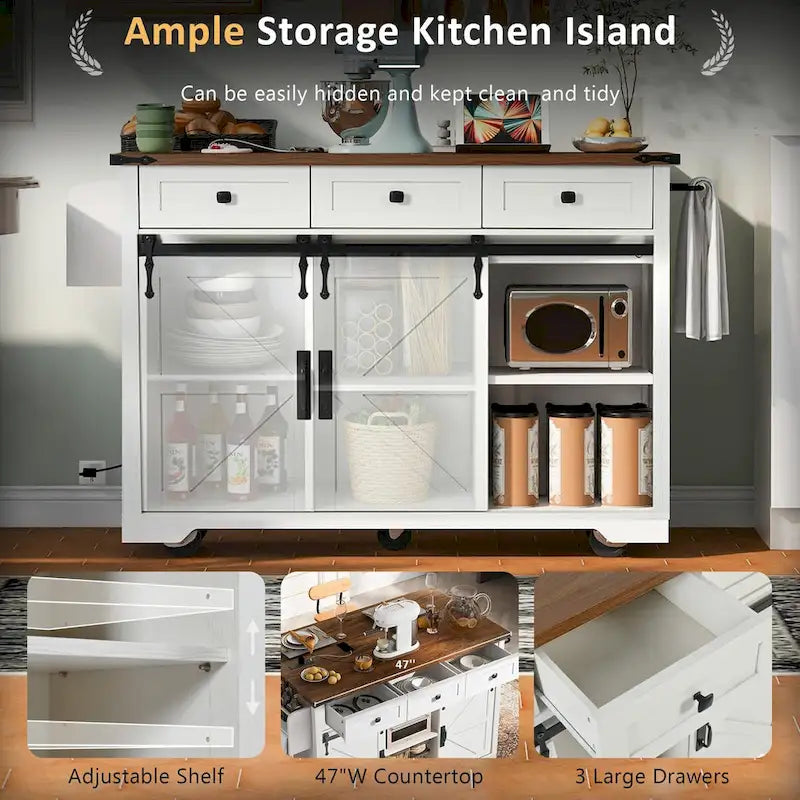 53.7 Kitchen Island, Power Outlet, 2 Sliding Barn Door Kitchen Storage Island Drop Leaf, Rack Rolling Kitchen Cart on Wheels