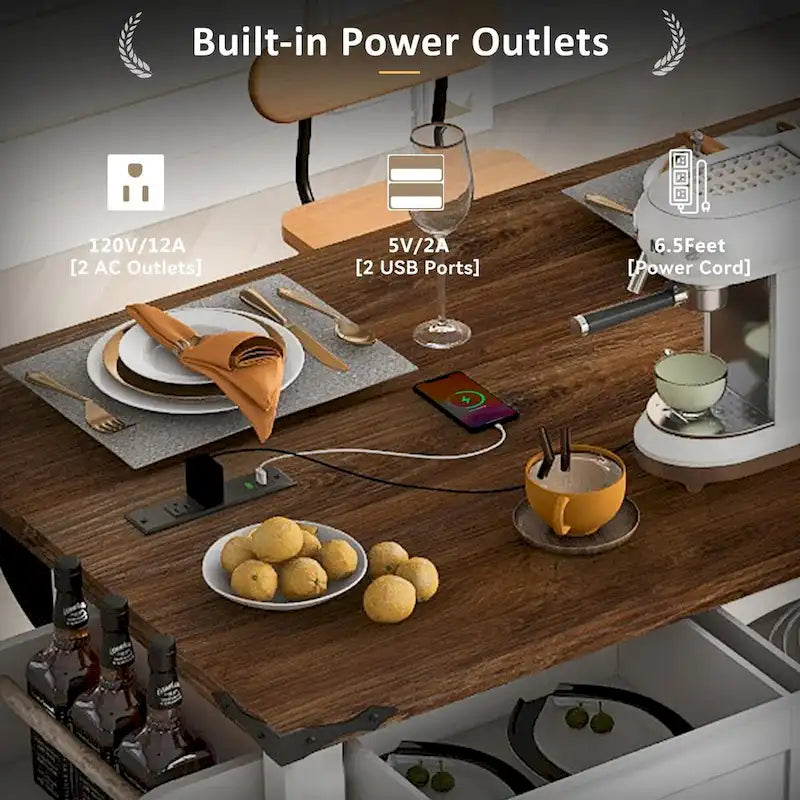 53.7 Kitchen Island, Power Outlet, 2 Sliding Barn Door Kitchen Storage Island Drop Leaf, Rack Rolling Kitchen Cart on Wheels