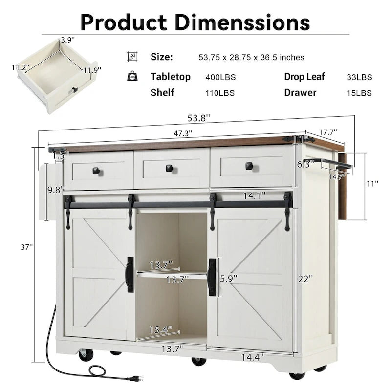 53.7 Kitchen Island, Power Outlet, 2 Sliding Barn Door Kitchen Storage Island Drop Leaf, Rack Rolling Kitchen Cart on Wheels