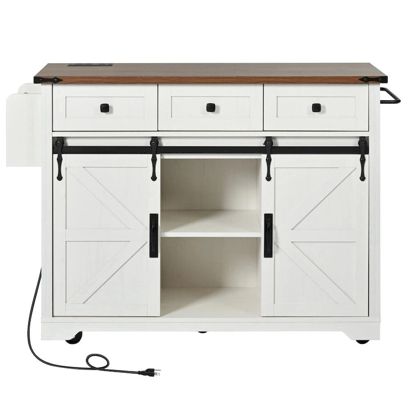 53.7 Kitchen Island, Power Outlet, 2 Sliding Barn Door Kitchen Storage Island Drop Leaf, Rack Rolling Kitchen Cart on Wheels