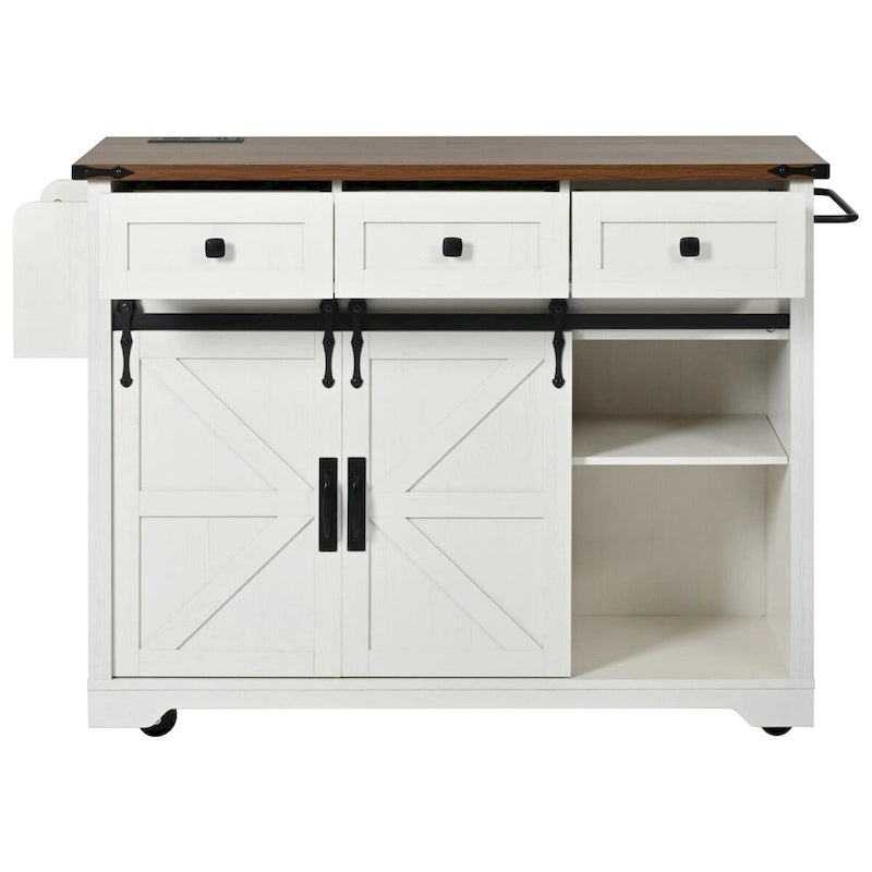 53.7 Kitchen Island, Power Outlet, 2 Sliding Barn Door Kitchen Storage Island Drop Leaf, Rack Rolling Kitchen Cart on Wheels
