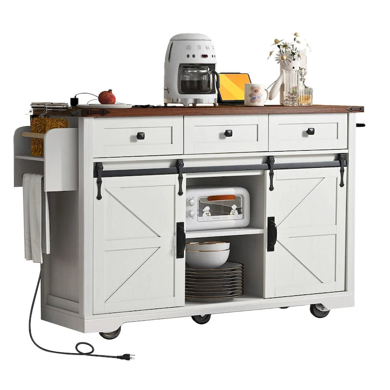 53.7 Kitchen Island, Power Outlet, 2 Sliding Barn Door Kitchen Storage Island Drop Leaf, Rack Rolling Kitchen Cart on Wheels