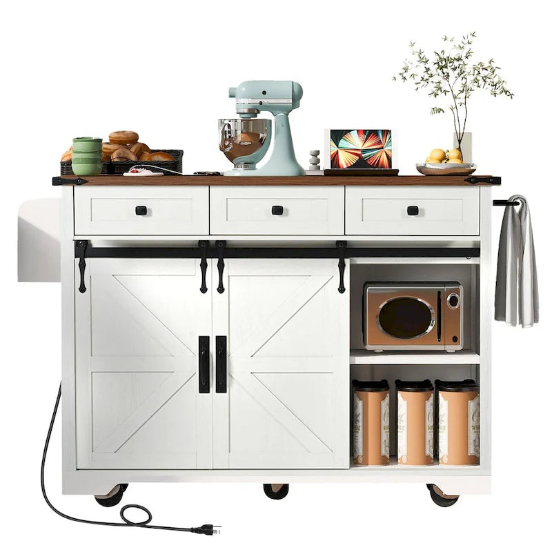 53.7 Kitchen Island, Power Outlet, 2 Sliding Barn Door Kitchen Storage Island Drop Leaf, Rack Rolling Kitchen Cart on Wheels