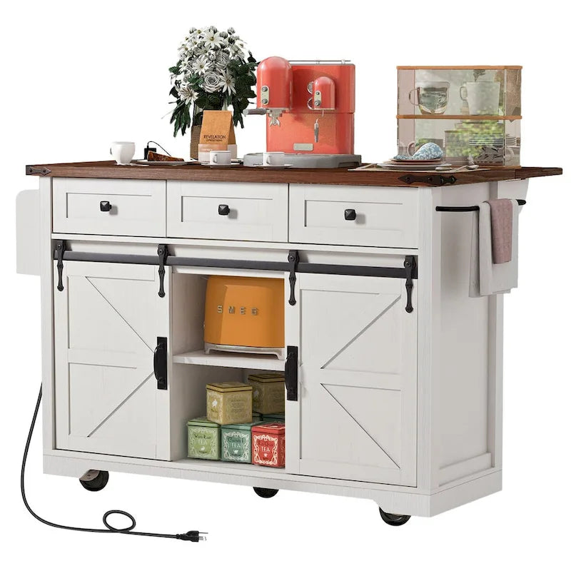 53.7 Kitchen Island, Power Outlet, 2 Sliding Barn Door Kitchen Storage Island Drop Leaf, Rack Rolling Kitchen Cart on Wheels