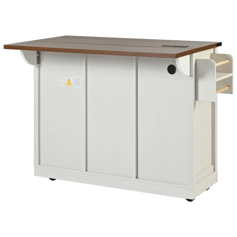 53.7 Kitchen Island, Power Outlet, 2 Sliding Barn Door Kitchen Storage Island Drop Leaf, Rack Rolling Kitchen Cart on Wheels