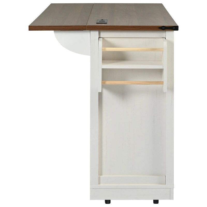 53.7 Kitchen Island, Power Outlet, 2 Sliding Barn Door Kitchen Storage Island Drop Leaf, Rack Rolling Kitchen Cart on Wheels