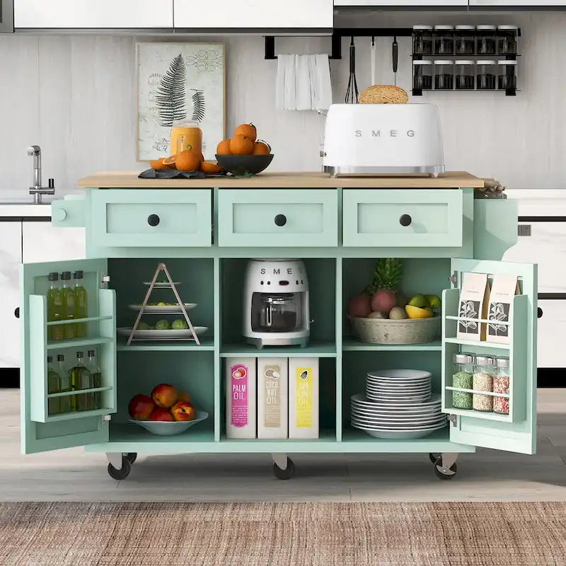 Kitchen Cart with Rubber wood Drop-Leaf Countertop ,Kitchen Island on 5 Wheels with Storage Cabinet and 3 Drawers