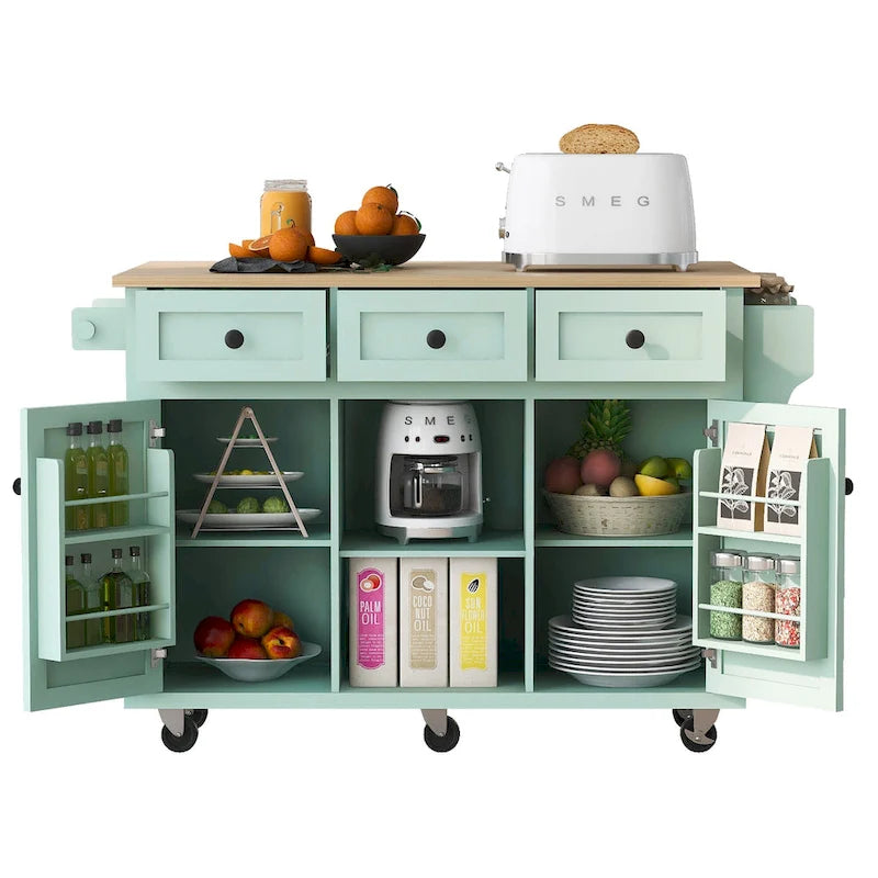 Kitchen Cart with Rubber wood Drop-Leaf Countertop ,Kitchen Island on 5 Wheels with Storage Cabinet and 3 Drawers