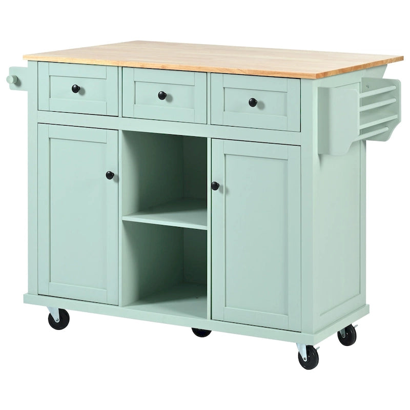 Kitchen Cart with Rubber wood Drop-Leaf Countertop ,Kitchen Island on 5 Wheels with Storage Cabinet and 3 Drawers